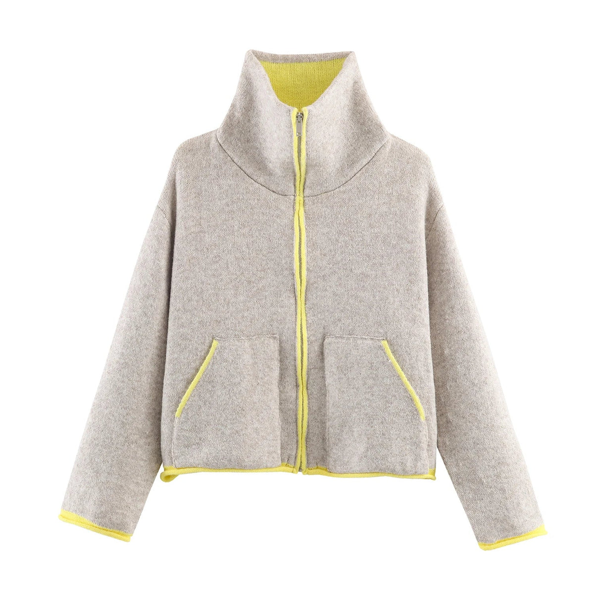 Stehkragen-Pilotenjacke aus Strick im Kontrastdesign