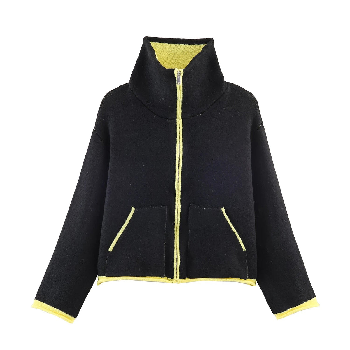 Stehkragen-Pilotenjacke aus Strick im Kontrastdesign