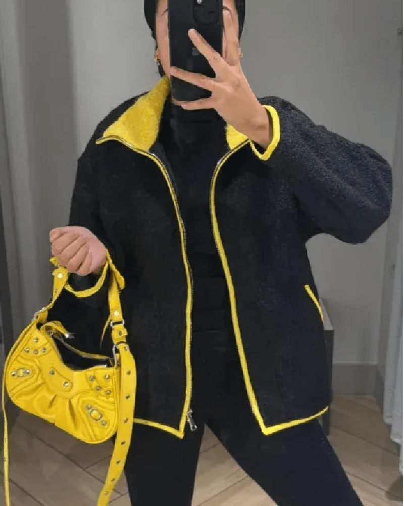 Stehkragen-Pilotenjacke aus Strick im Kontrastdesign