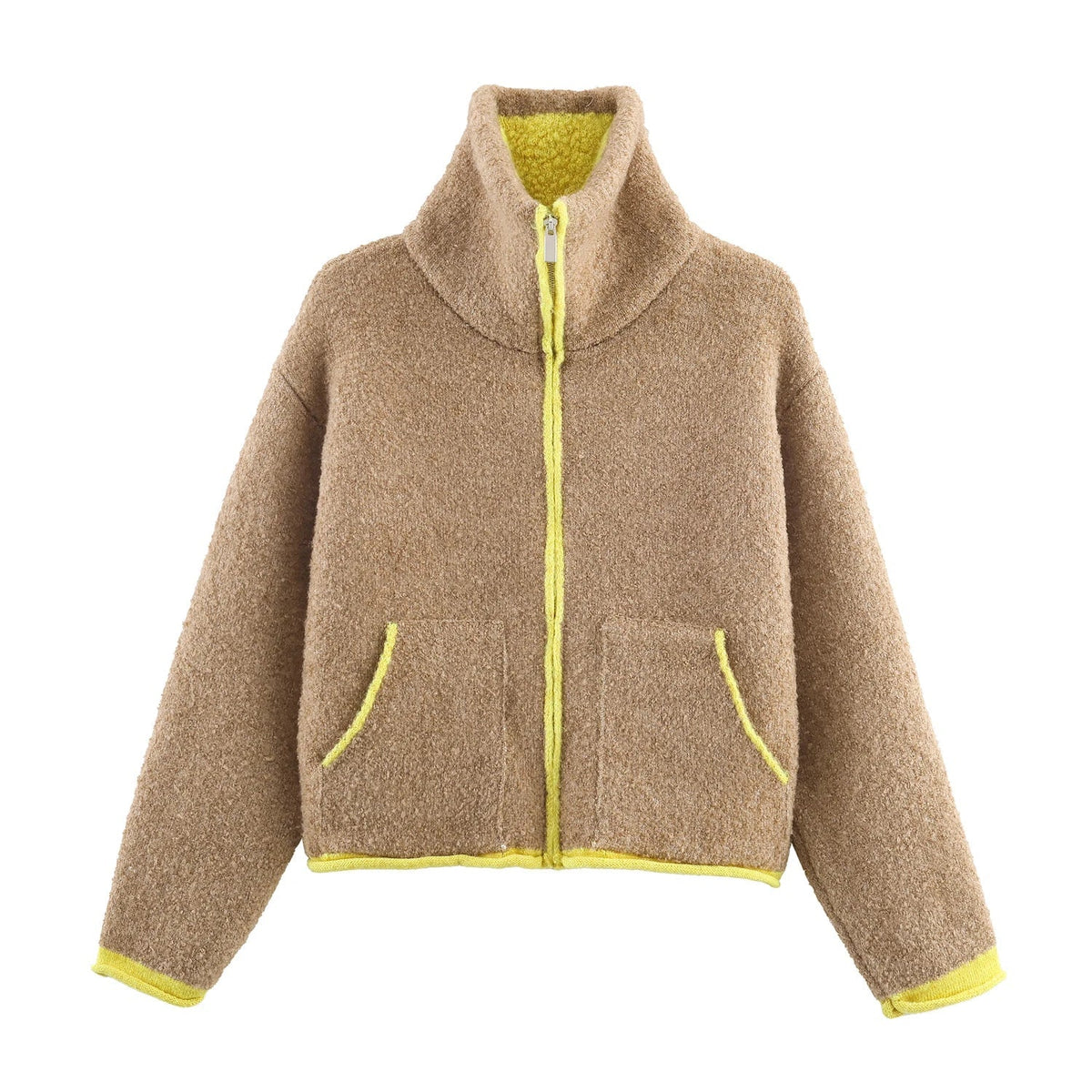 Stehkragen-Pilotenjacke aus Strick im Kontrastdesign