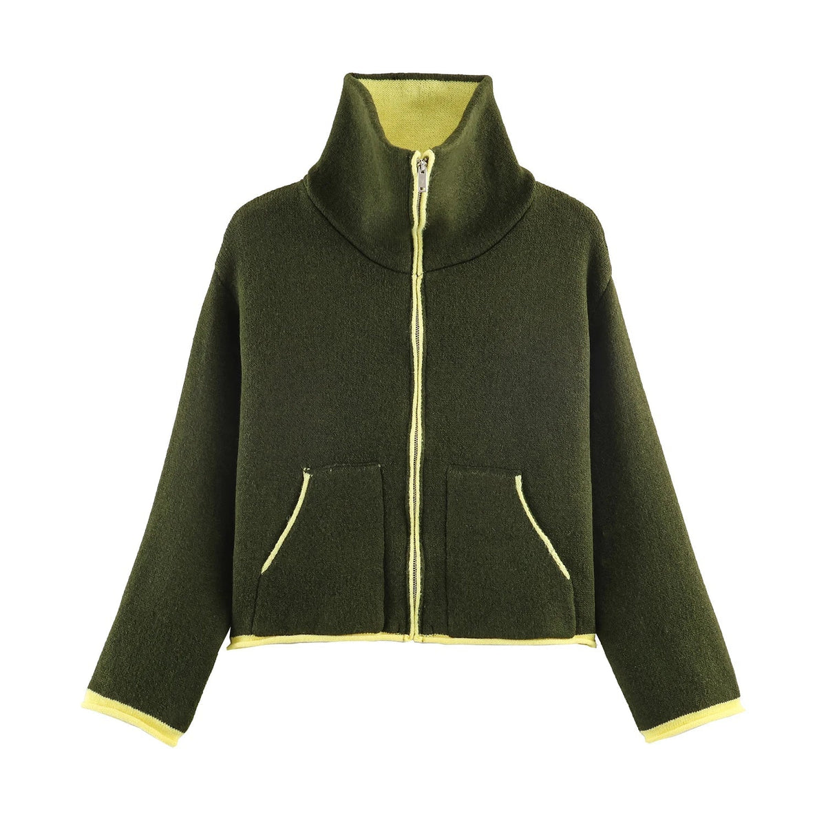 Stehkragen-Pilotenjacke aus Strick im Kontrastdesign