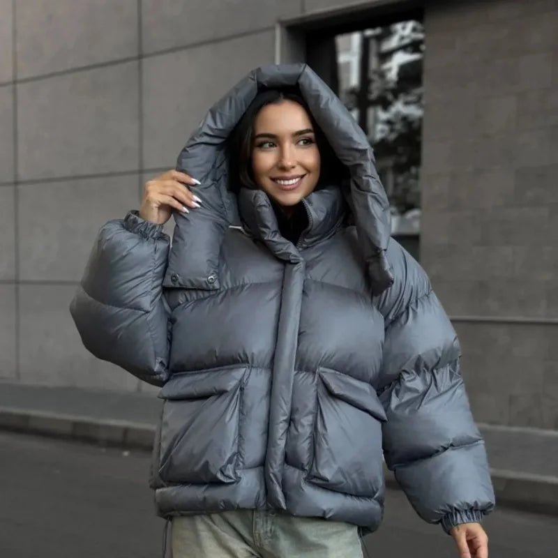 OLANE Stand Collar Hooded Puffer Jacket GrayMWomen's Coats & Jackets