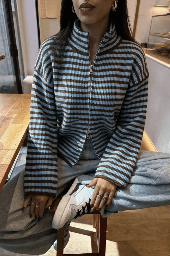 OLANE Striped High Neck Zip-Up Cardigan Blue StripesLCardigan