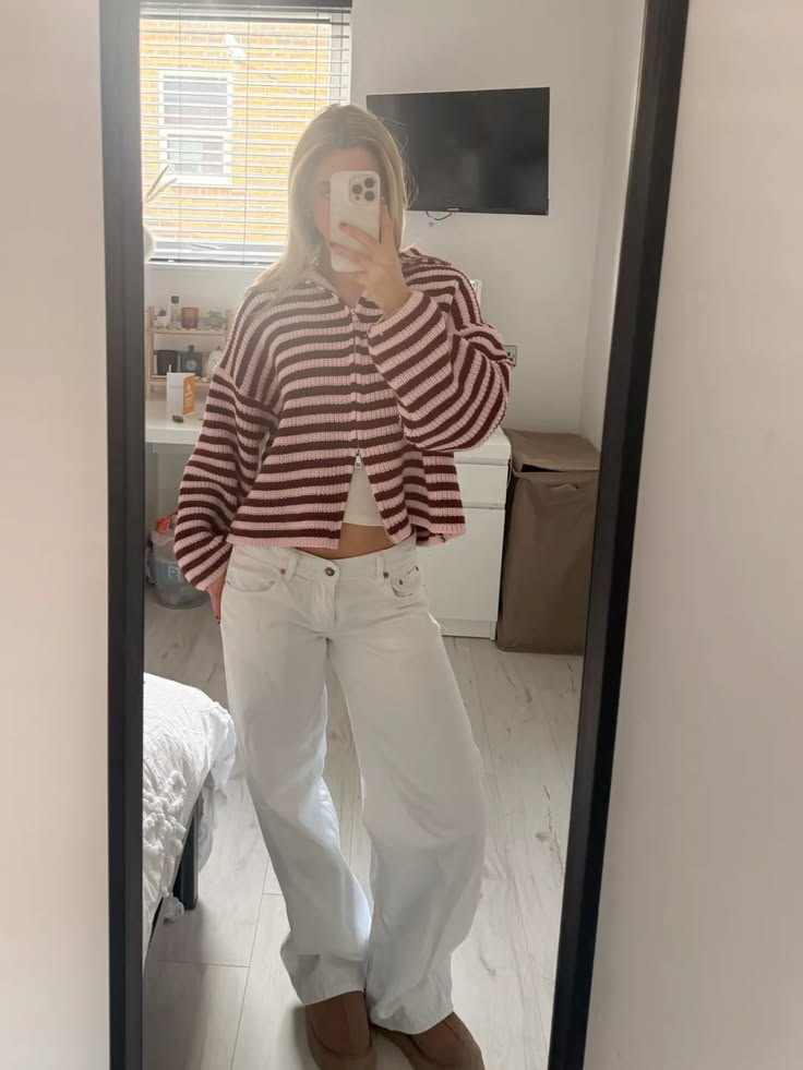 OLANE Striped High Neck Zip-Up Cardigan Red StripesLCardigan