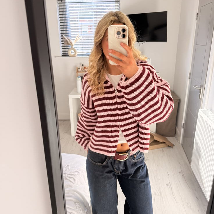 OLANE Striped High Neck Zip-Up Cardigan Red StripesSCardigan