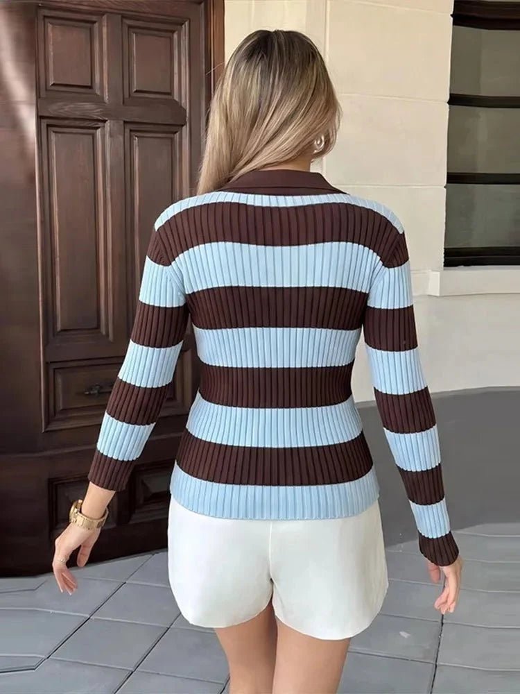 OLANE Striped Long Sleeve Knit Polo Pullover MWomen’s Tops