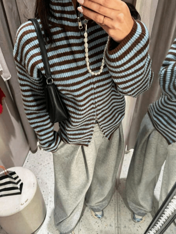 OLANE Striped Mock Neck Cardigan BlueLWomen's Sweaters & Cardigans