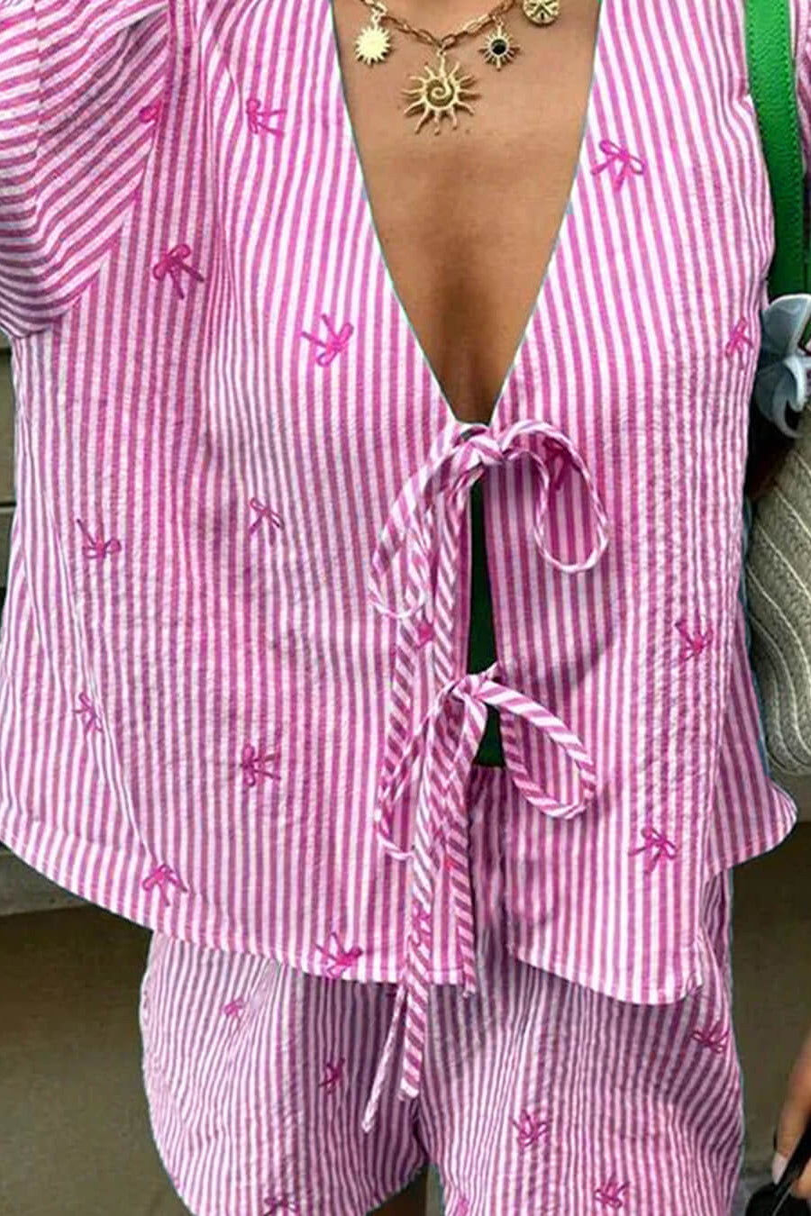 OLANE Striped Puff Sleeve Tie-Front Shorts Set Pink SetMWomen's Sets