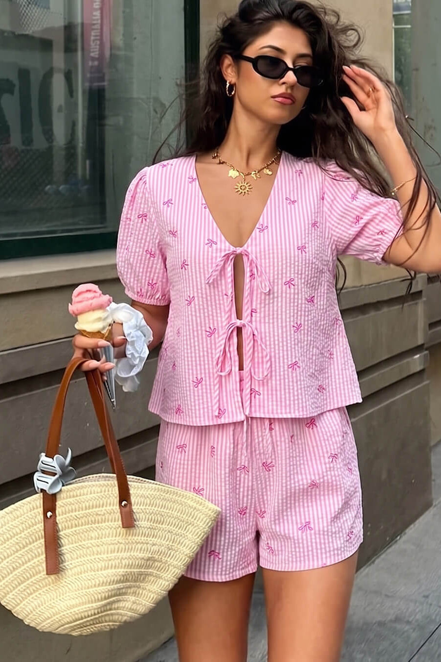 OLANE Striped Puff Sleeve Tie-Front Shorts Set Pink SetSWomen's Sets