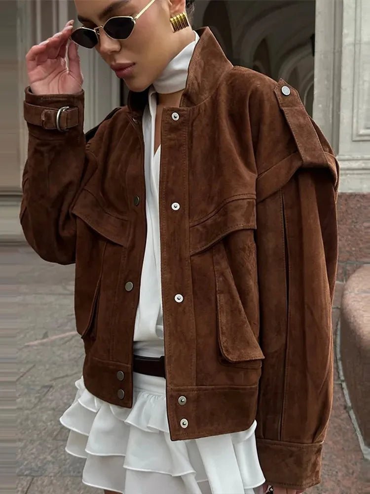 OLANE Structured Wide Shoulder Faux Suede Jacket BrownLWomen's Coats & Jackets