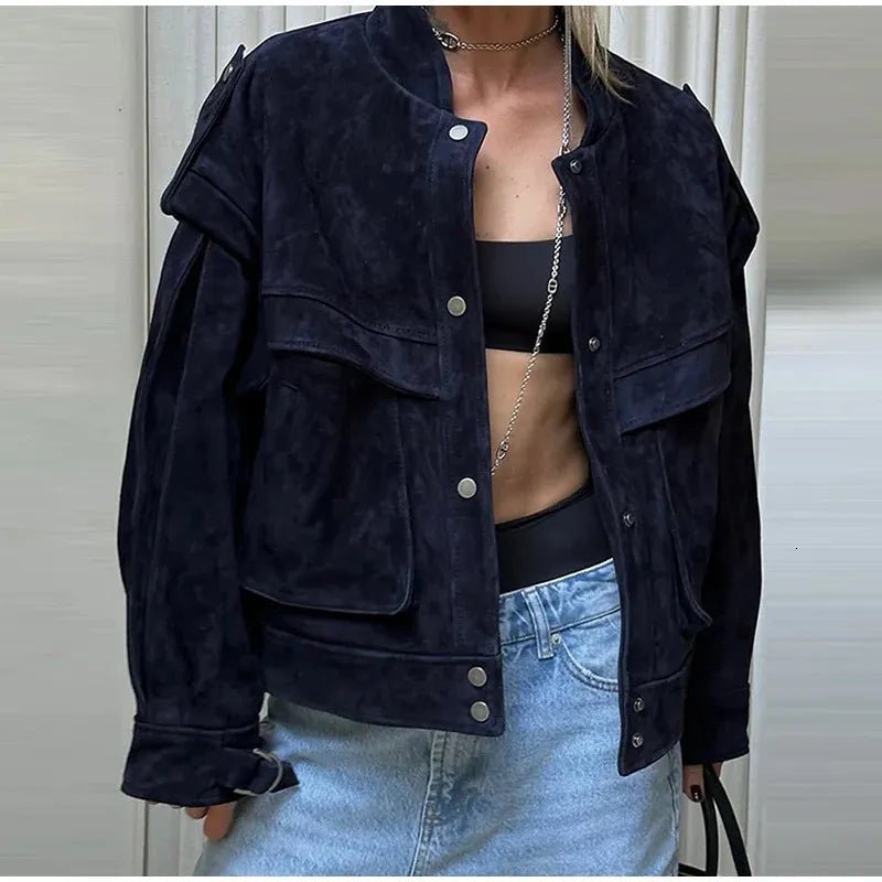 OLANE Structured Wide Shoulder Faux Suede Jacket Navy BlueMWomen's Coats & Jackets