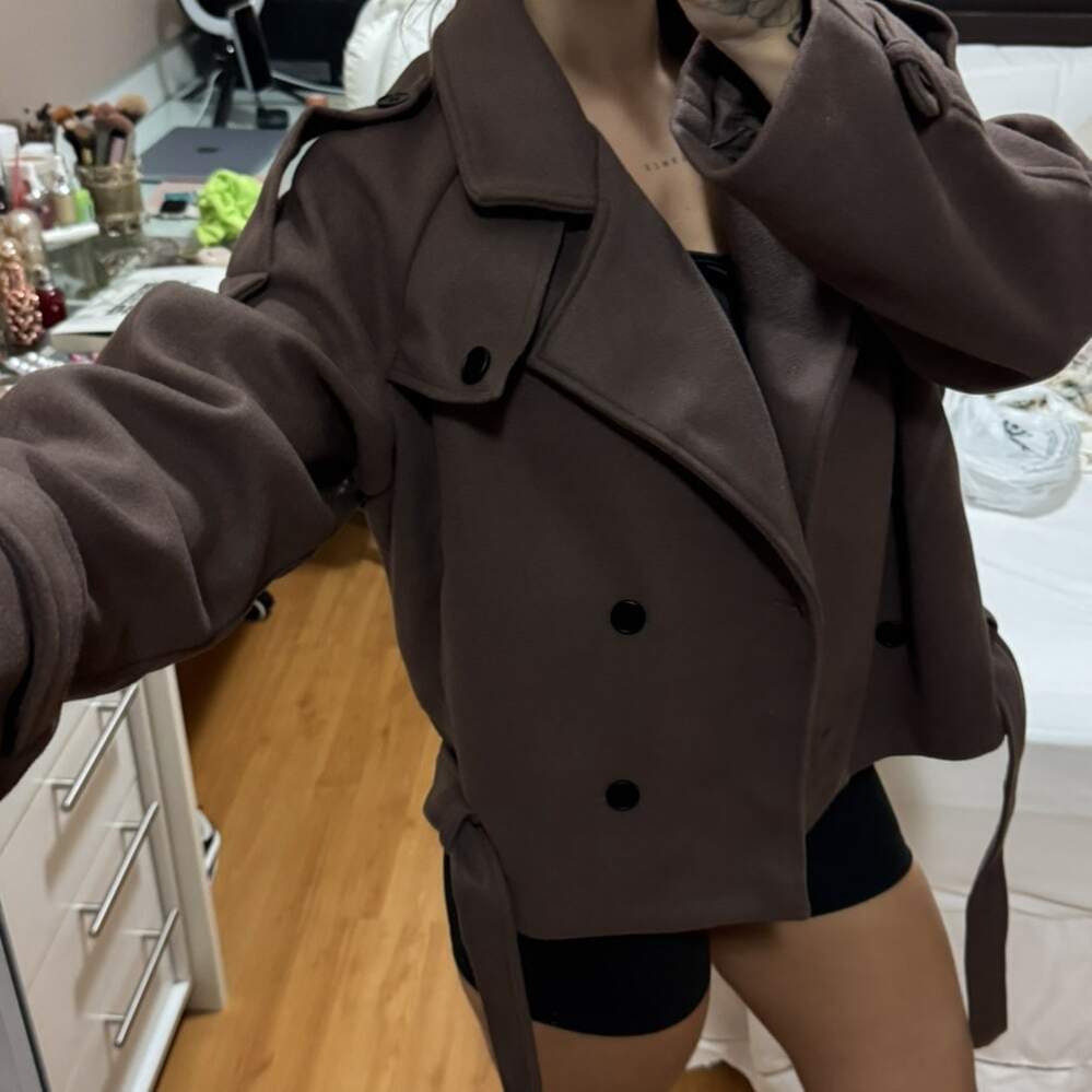 OLANE Stylish Belted High Collared Coat BrownLWomen's Coats & Jackets