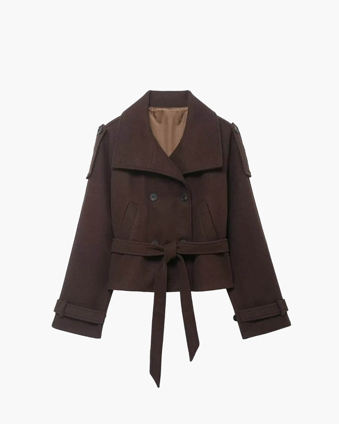 OLANE Stylish Belted High Collared Coat BrownSWomen's Coats & Jackets