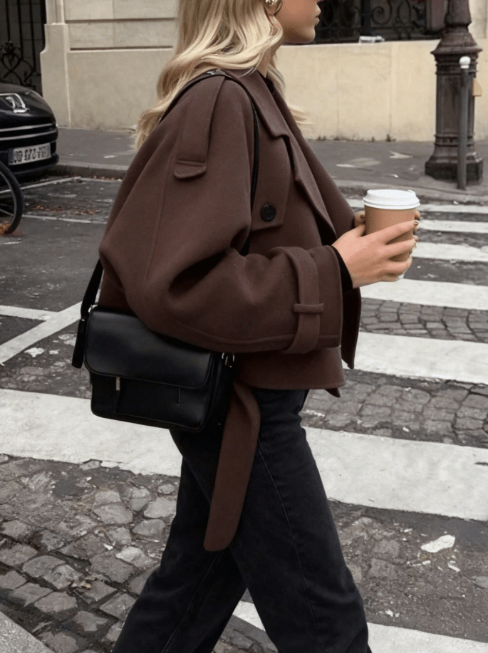 OLANE Stylish Belted High Collared Coat BrownSWomen's Coats & Jackets