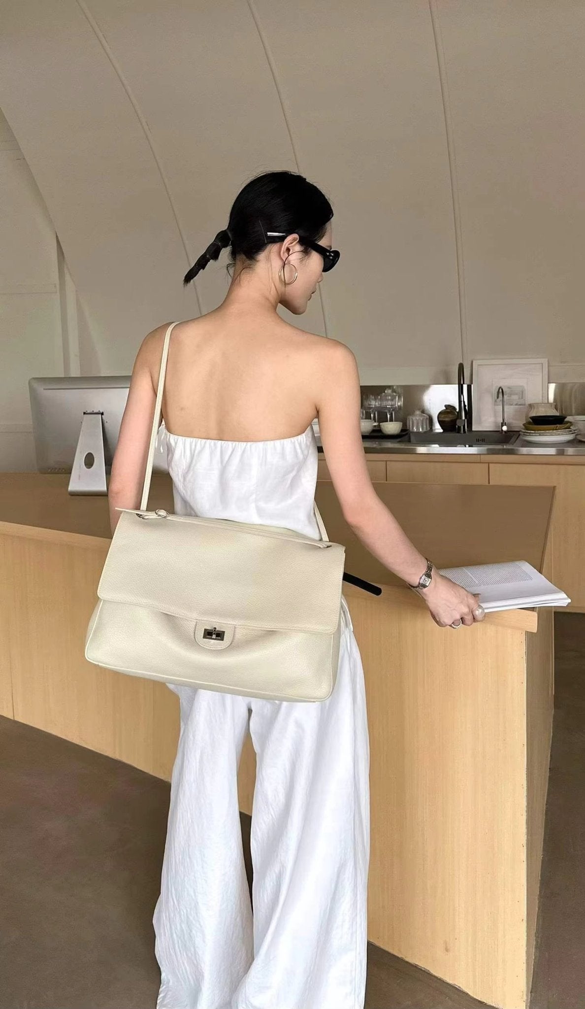 OLANE Stylish Chevron Leather Crossbody Bag BeigeBag