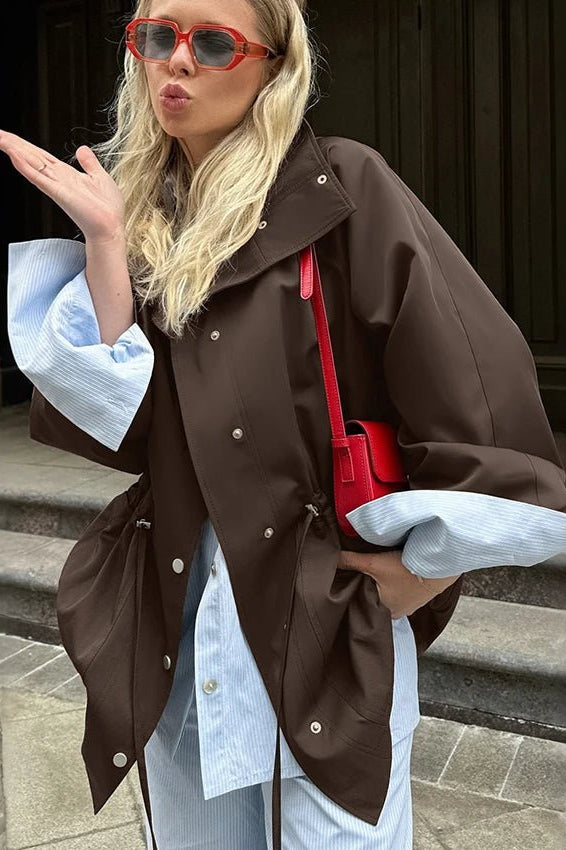 OLANE Stylish Contrast Collar Windbreaker Jacket BrownMWomen's Coats & Jackets