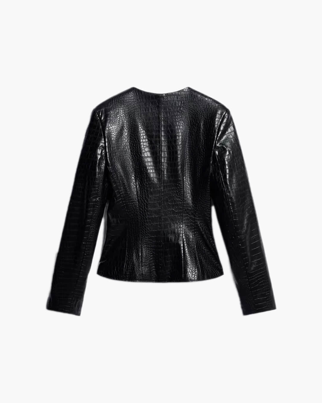 OLANE Stylish Croc Embossed Faux Leather Jacket BlackSWomen's Coats & Jackets