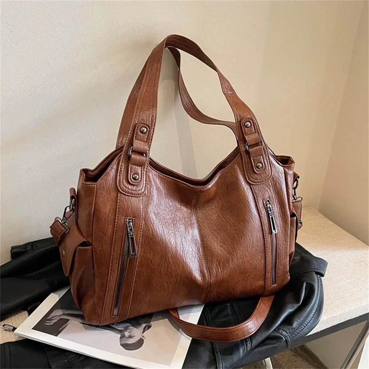 OLANE Stylish Faux Leather Shoulder Bag BrownRegularWomen's Bags