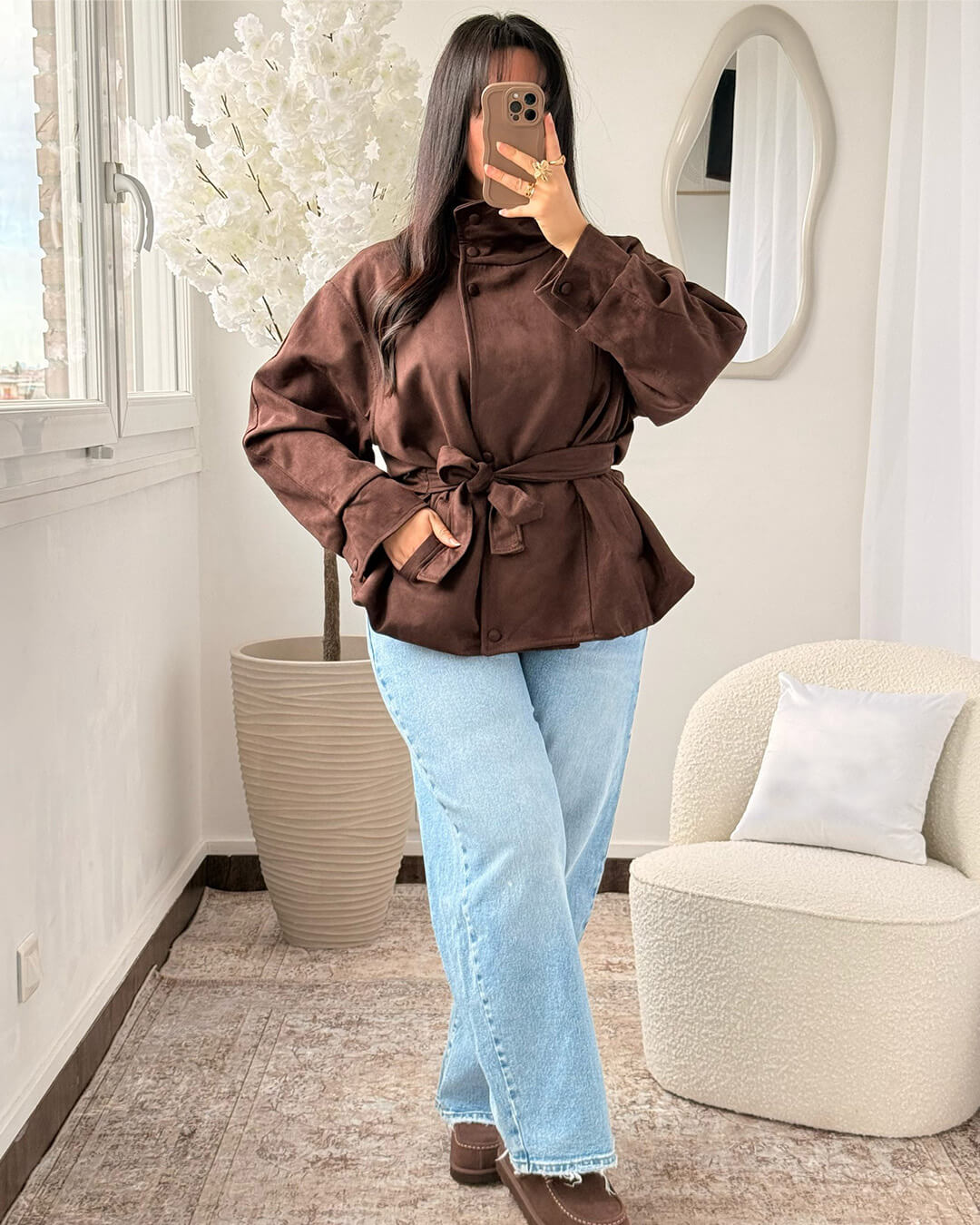 OLANE Stylish Funnel Faux Suede Trench Coat BrownSWomen's Coats & Jackets