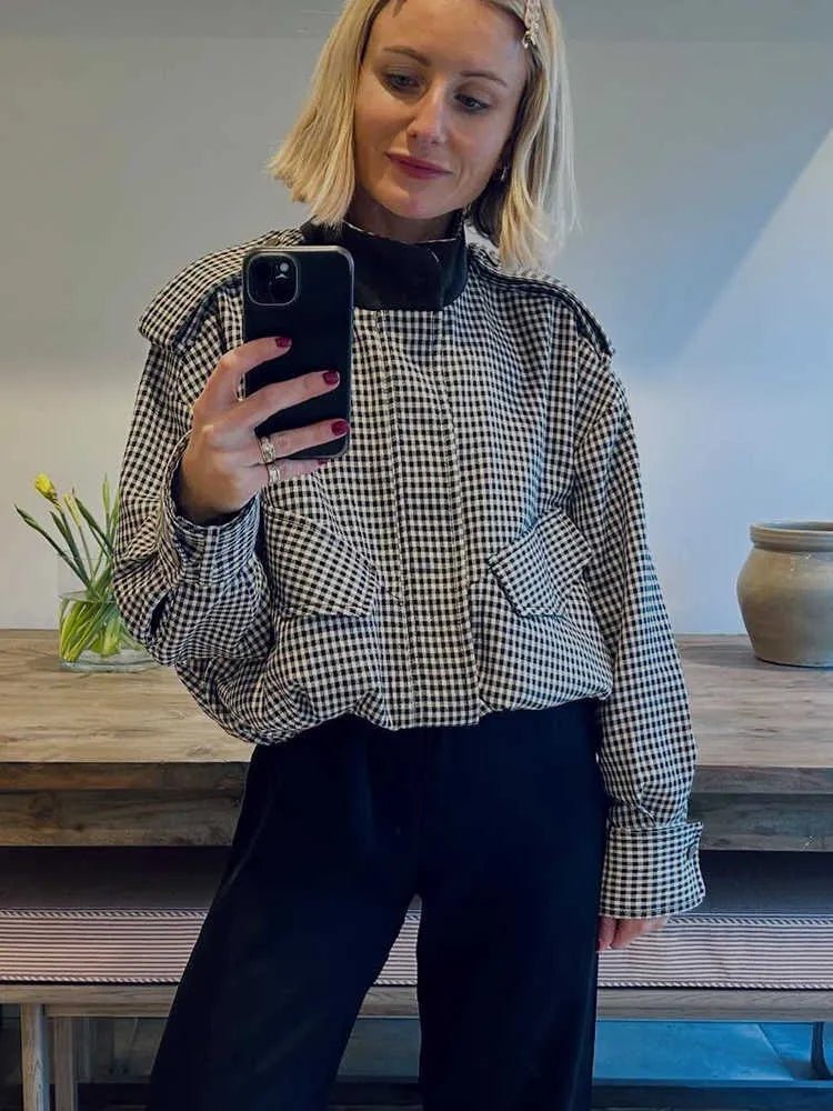 OLANE Stylish High Neck Checked Bomber Jacket LWomen's Coats & Jackets