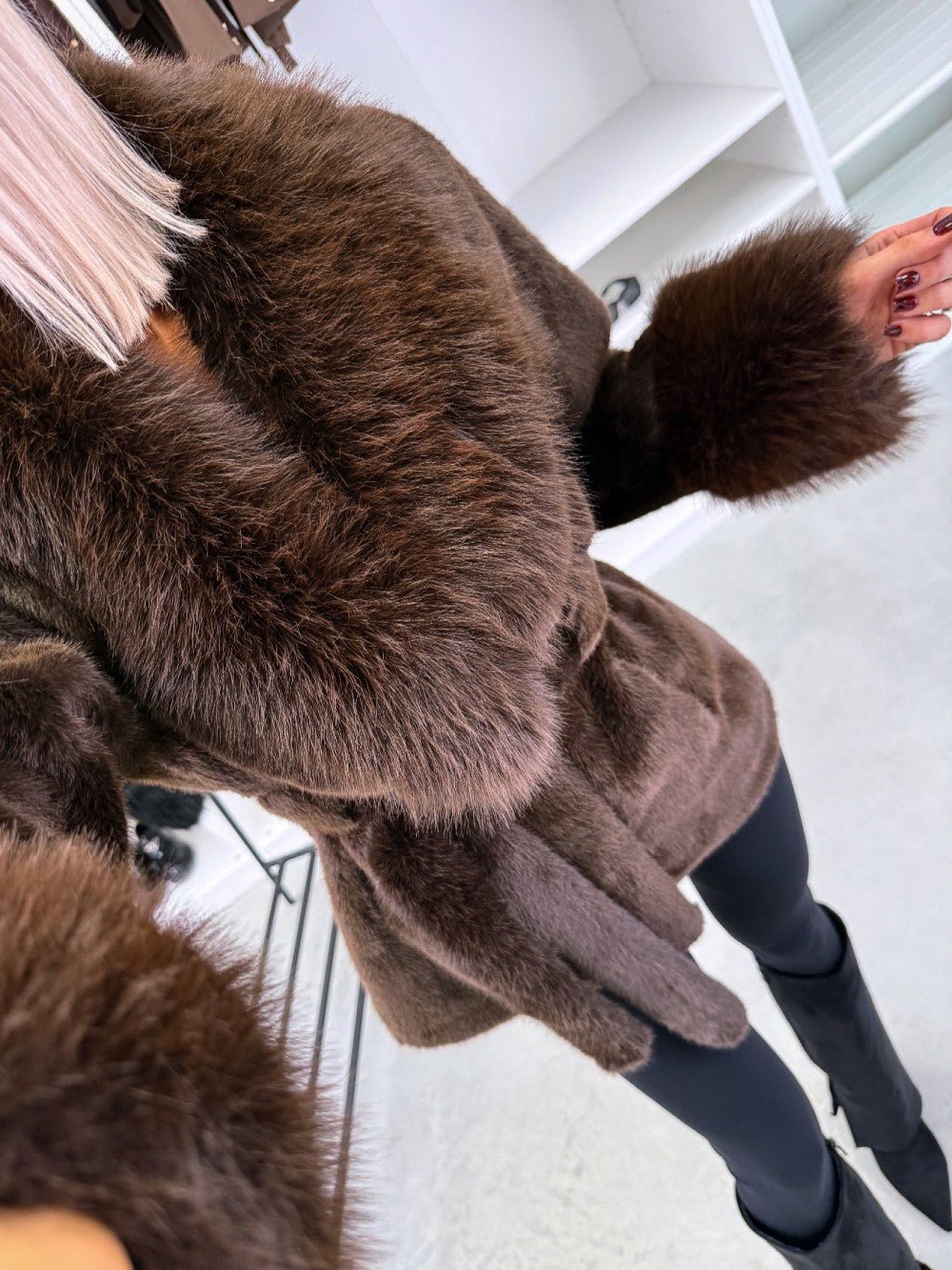 OLANE Stylish Oversized Belted Faux Fur Coat Dark BrownLWomen's Coats & Jackets