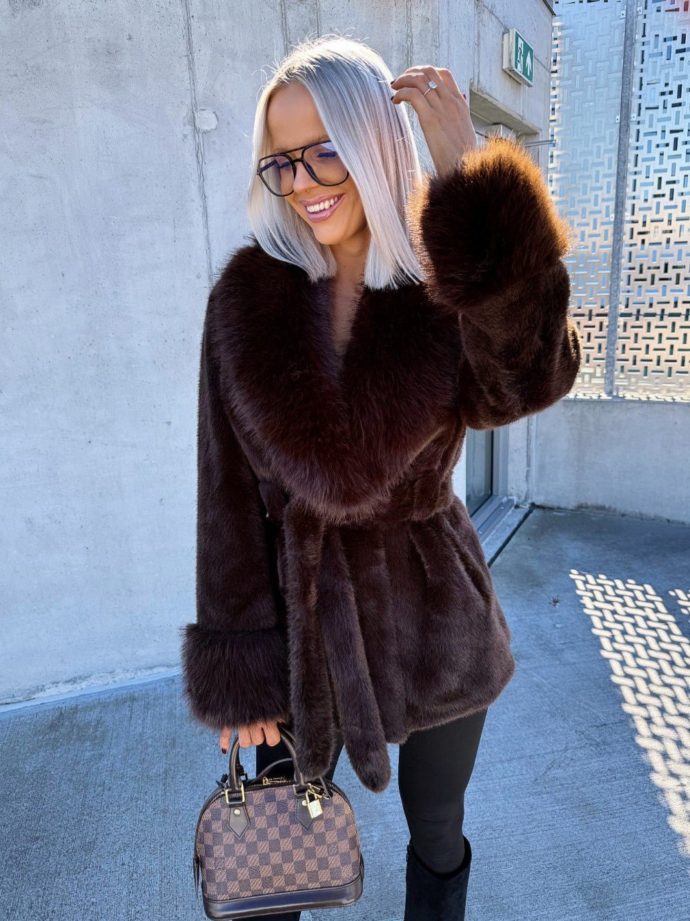 OLANE Stylish Oversized Belted Faux Fur Coat Dark BrownLWomen's Coats & Jackets