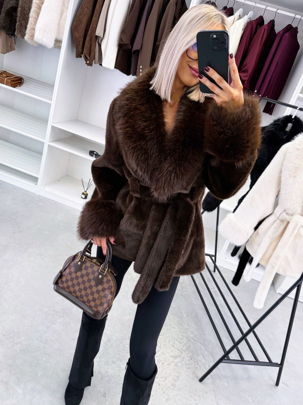 OLANE Stylish Oversized Belted Faux Fur Coat Dark BrownMWomen's Coats & Jackets