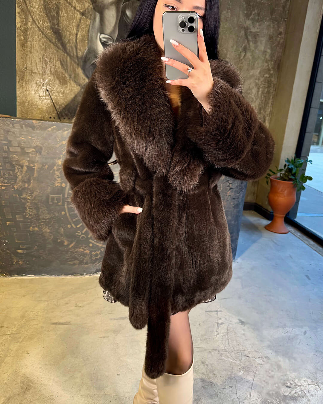 OLANE Stylish Oversized Belted Faux Fur Coat Dark BrownMWomen's Coats & Jackets