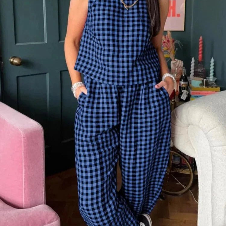 OLANE Stylish Plaid Sleeveless Vest Pant Set BlueSWomen's Sets