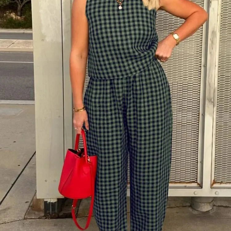 OLANE Stylish Plaid Sleeveless Vest Pant Set BlueSWomen's Sets