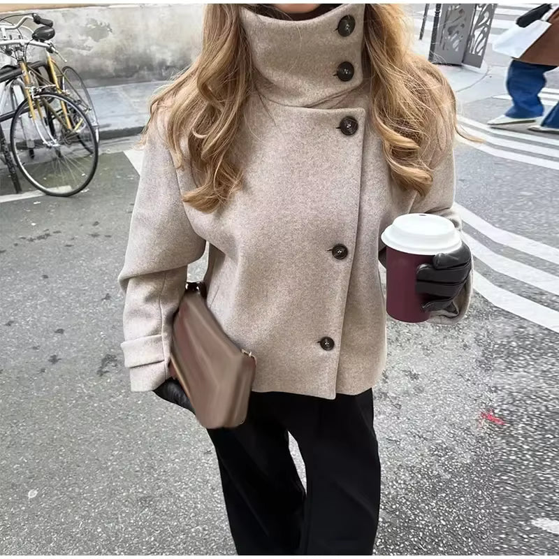 OLANE Stylish Stand Collar Jacket with Pockets BeigeMWomen's Coats & Jackets