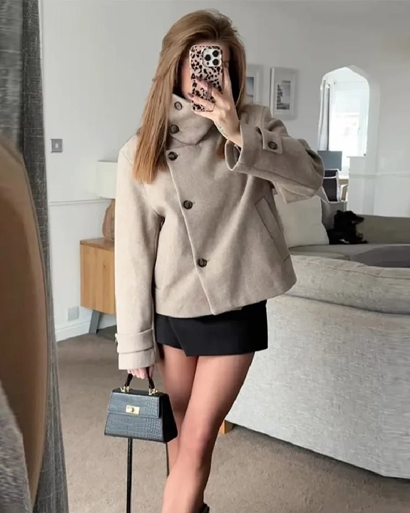 OLANE Stylish Stand Collar Jacket with Pockets BeigeXLWomen's Coats & Jackets