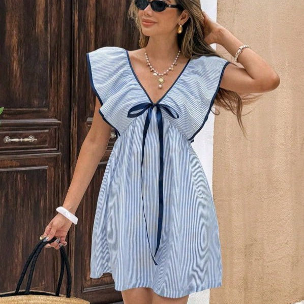 OLANE Tahlia Striped V - Neck Ruffle Mini Dress BlueSDress