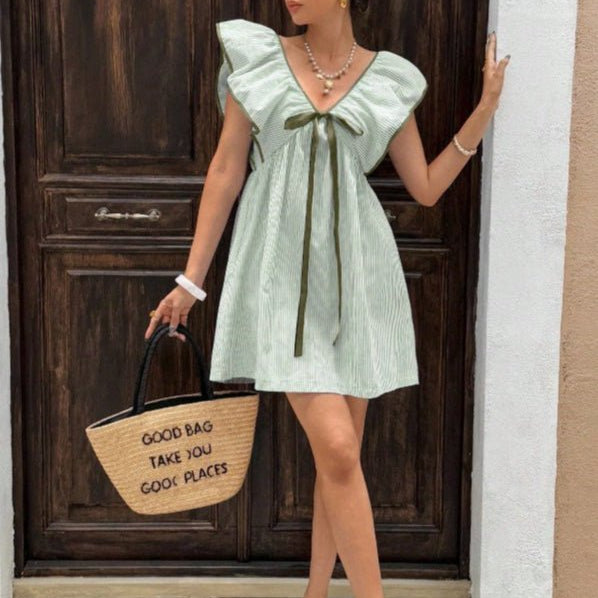 OLANE Tahlia Striped V - Neck Ruffle Mini Dress GreenSDress