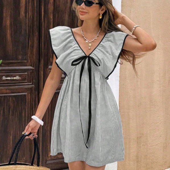 OLANE Tahlia Striped V - Neck Ruffle Mini Dress GreenSDress