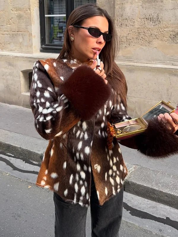 OLANE Vintage Dark Contrast Cuff Faux Fur Jacket BrownSWomen's Coats & Jackets