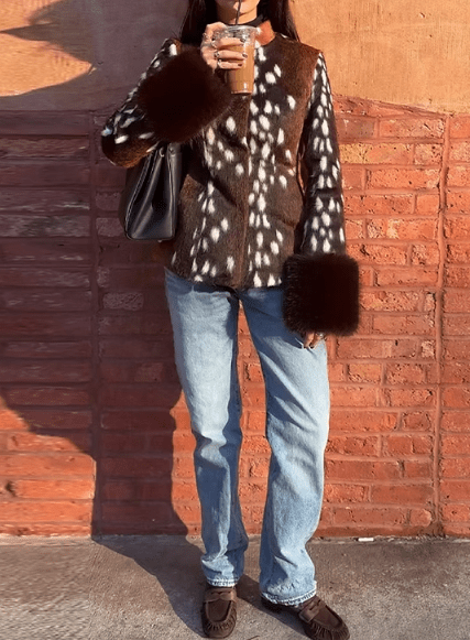 OLANE Vintage Dark Contrast Cuff Faux Fur Jacket BrownXSWomen's Coats & Jackets