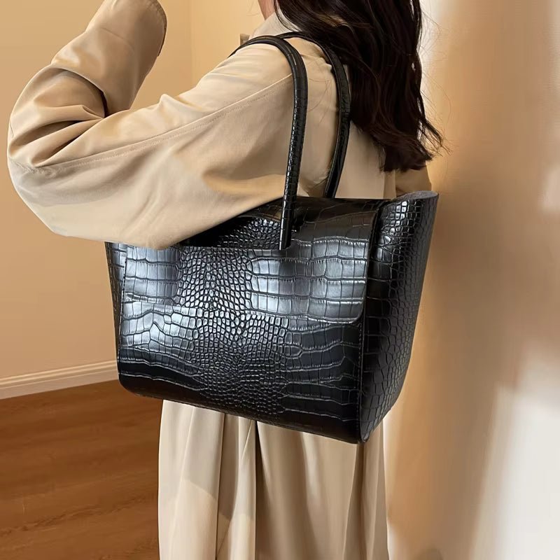 OLANE Vintage Embossed Leather Tote BlackBag