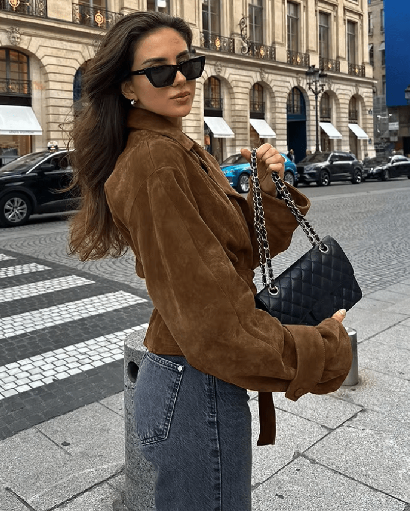 OLANE Vintage Faux Suede Belted Wrap Jacket BrownMWomen's Coats & Jackets