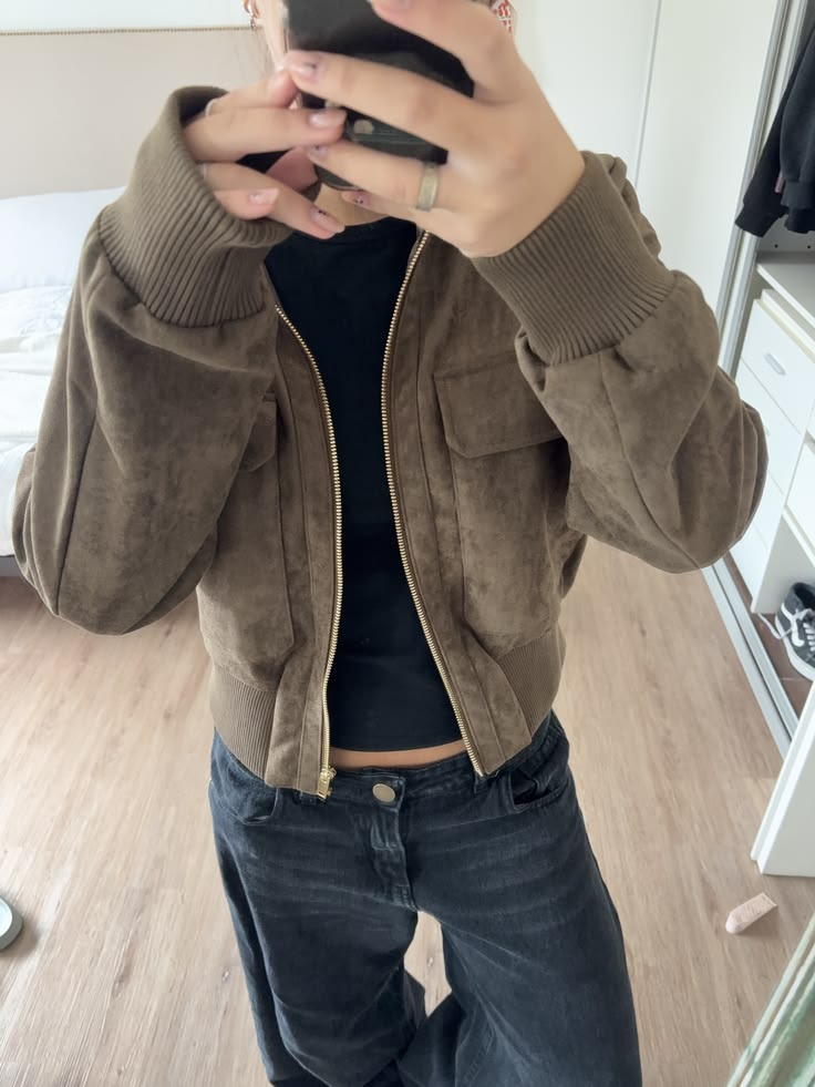 OLANE Vintage Faux Suede Bomber Jacket BrownXSWomen's Coats & Jackets