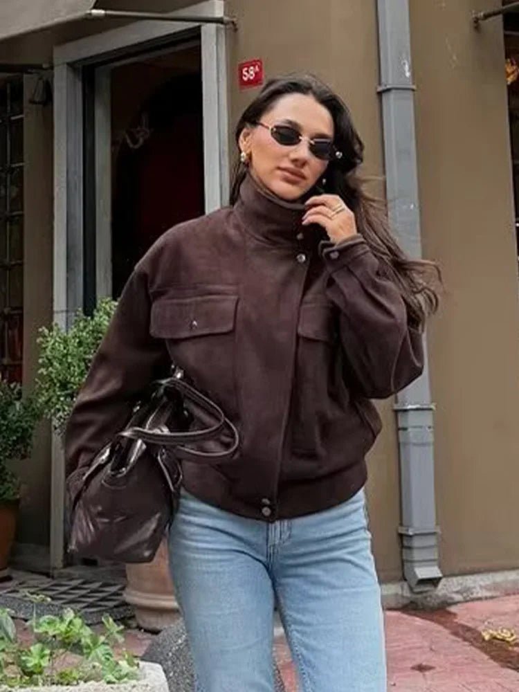 OLANE Vintage Oversized Bomber Jacket Deep CoffeeSJacket