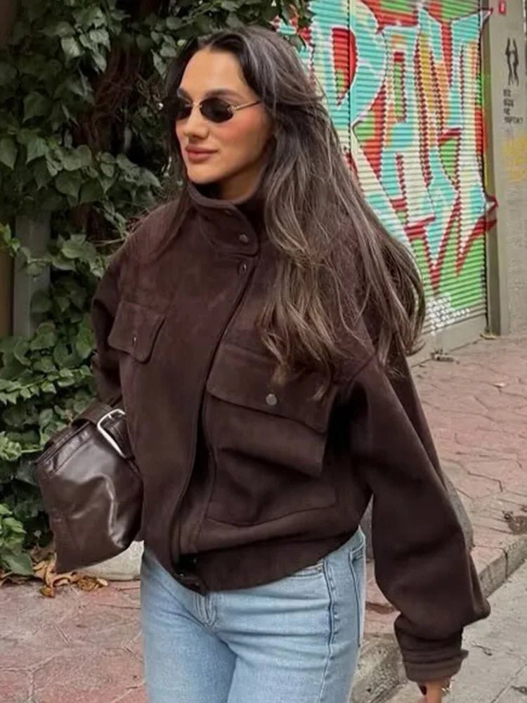 OLANE Vintage Oversized Bomber Jacket Deep CoffeeXSJacket