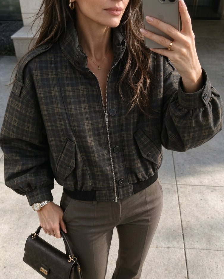 OLANE Vintage Plaid Stand Collar Bomber Jacket MJacket