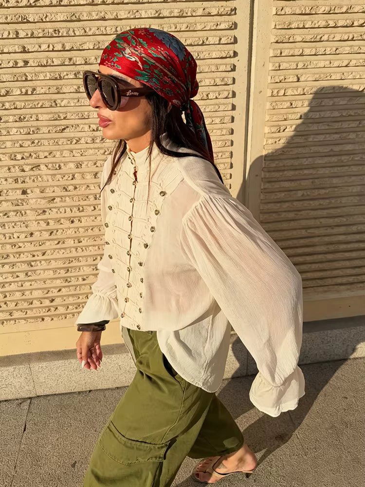 OLANE Vintage Stand Collar Frog Button Blouse BeigeSBlouse