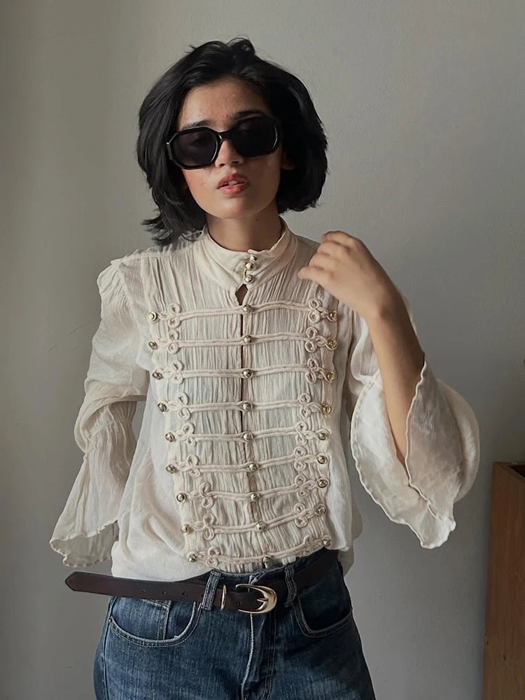 OLANE Vintage Stand Collar Frog Button Blouse BeigeXSBlouse