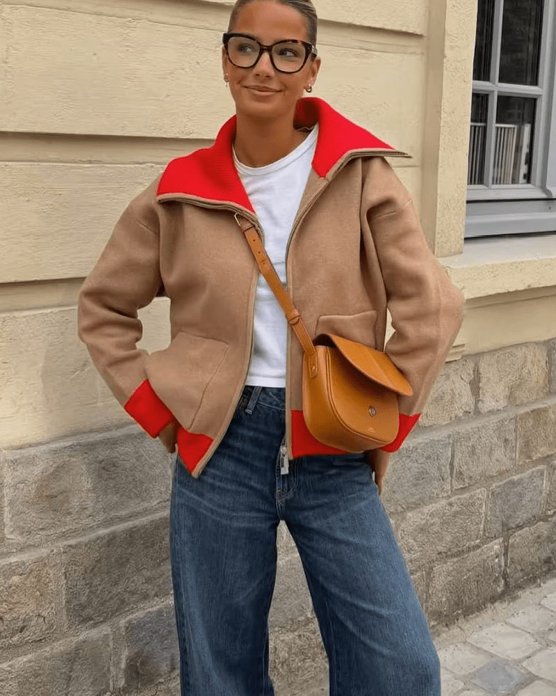 OLANE Wide Ribbed Collar Color Blocked Cardigan SCardigan