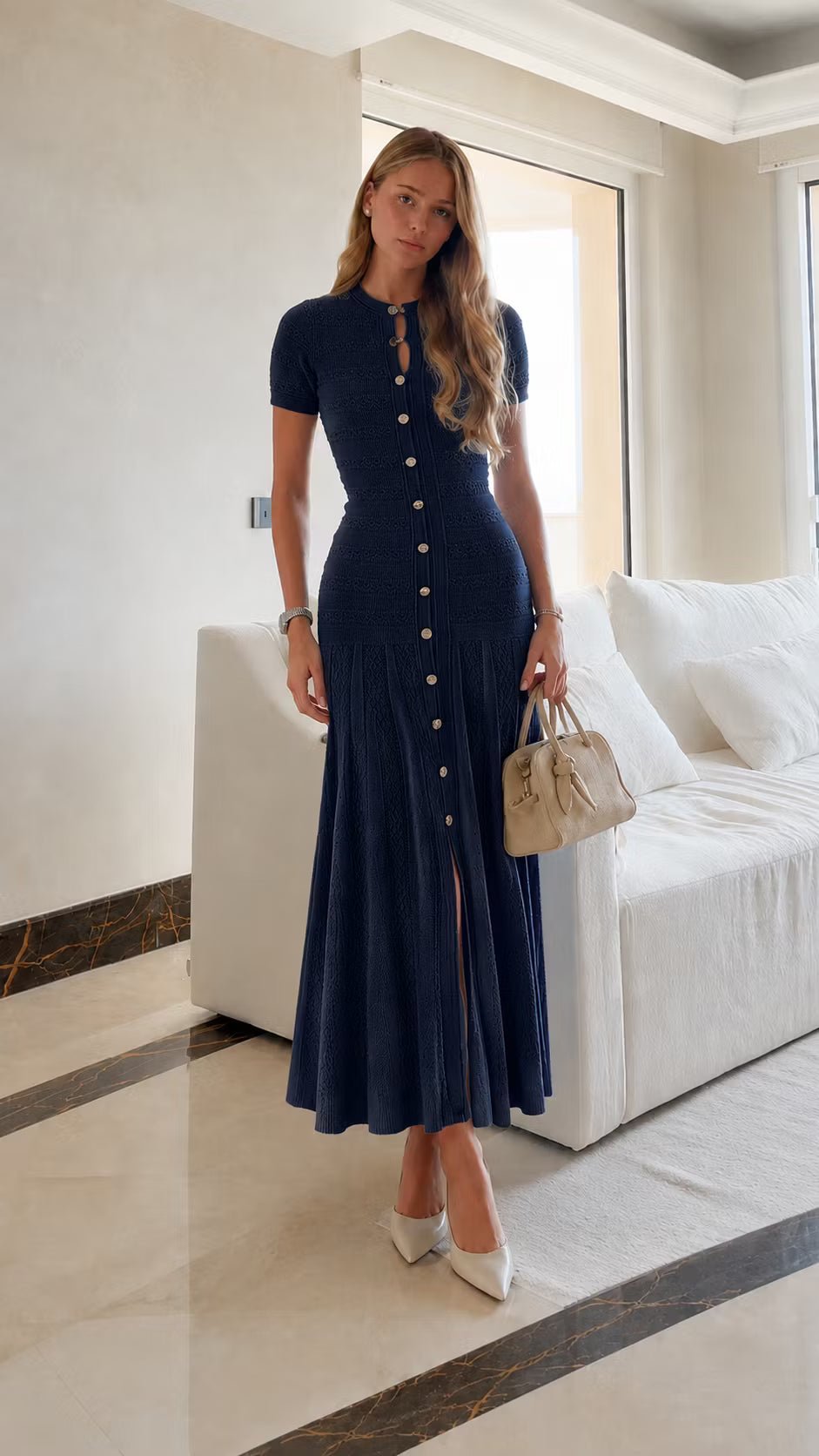 OLANE Wren Ribbed Knit Midi Dress NavyXSWomen's Dresses