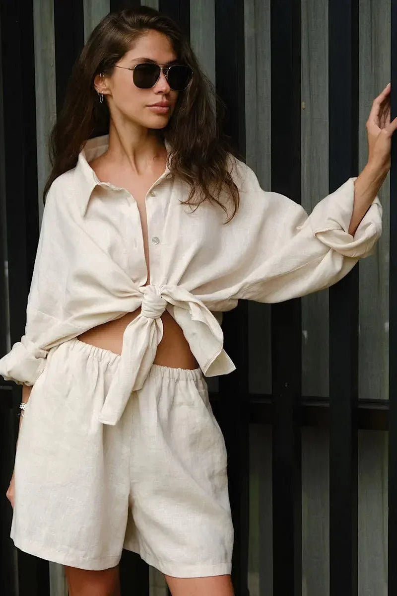 OLANE Yui Lapel Lantern Sleeve Shorts Set CreamSShorts