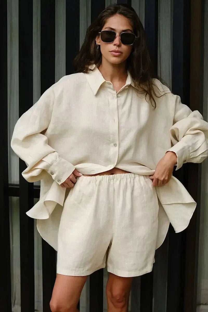 OLANE Yui Lapel Lantern Sleeve Shorts Set CreamSShorts