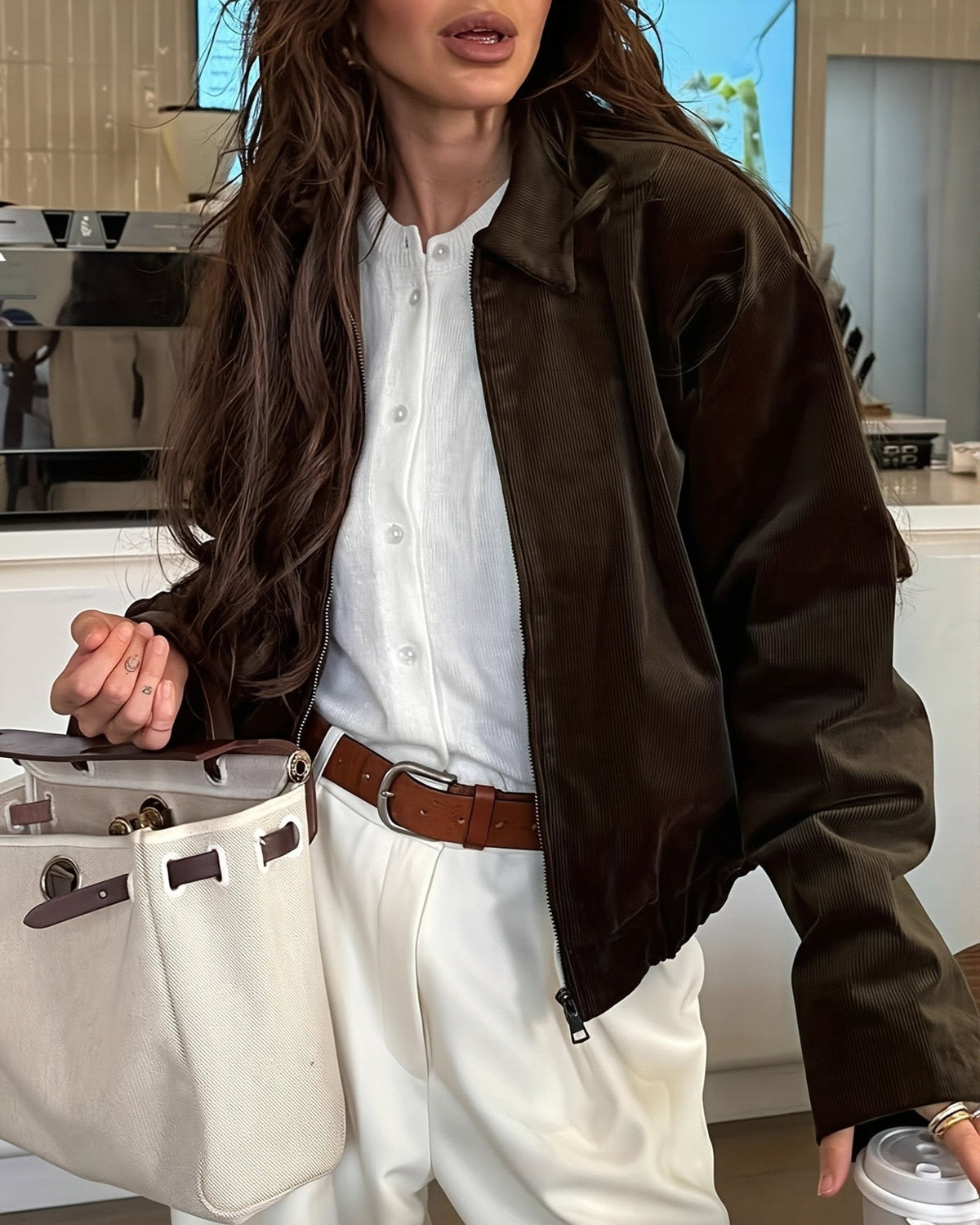 OLANE Zip Up Corduroy Bomber Jacket Coffee BrownMJacket